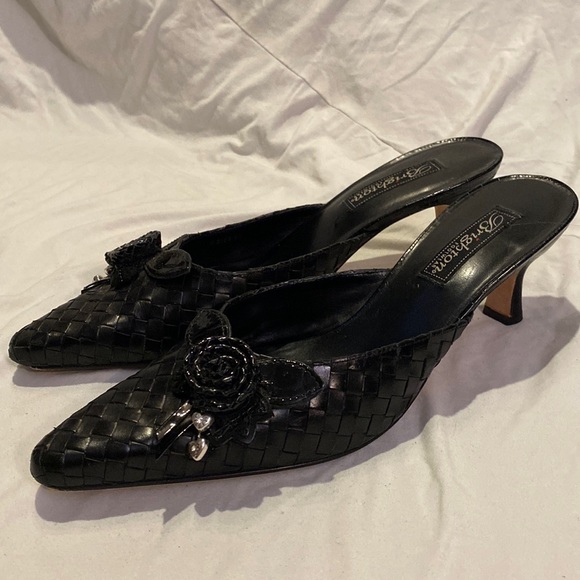 Brighton Black Leather Paige Mule Slide Kitten Heels - Picture 2 of 13